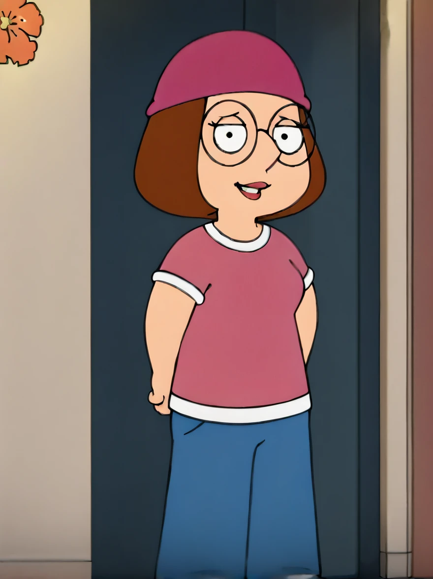 meg, brown hair, 1girl, glasses, solo, short hair, flat color, hat, blue pants, pants, beanie, pink shirt,standing, arms behind back, looking at viewer, smile, score_9, score_8_up, score_7_up, score_6_up, score_5_up, score_4_up