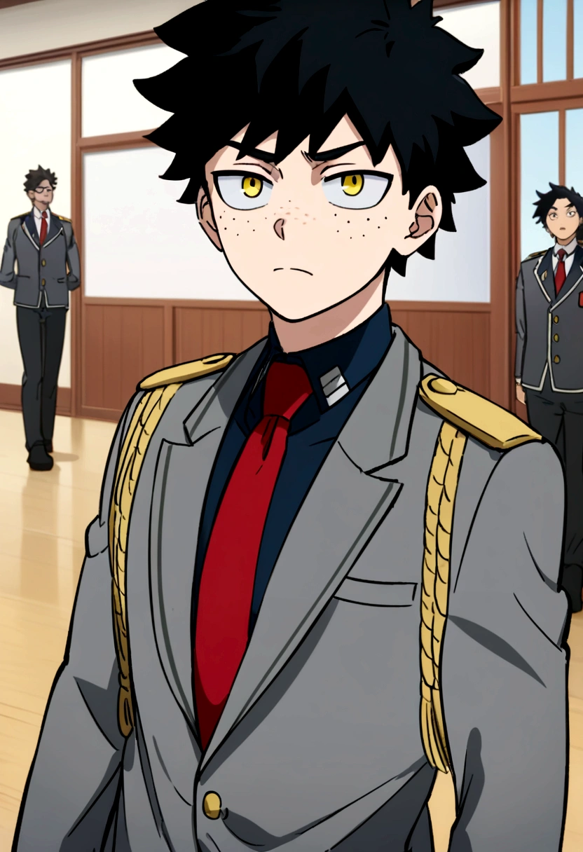 screenshot my hero academy. Boy black hair and some blue strands. Intense yellow eyes with freckles, an expression of tranquility. He wears a U.A uniform, a gray jacket and a red tie, in the background of a school environment.