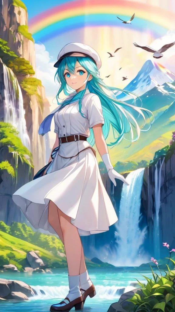 Female, woman, mature, Beautiful, Humble, Kind, long hair upper waist Stright Braided Hairstyles, Aqua blue pupil eyes colour, bright cyan Hairs, leather white wear Newsboy Cap, white dress flowing with skirt, wear leather white female gloves, Anime style, vivid colours, mountains with a waterfall and a rainbow, with many birds flying overhead.