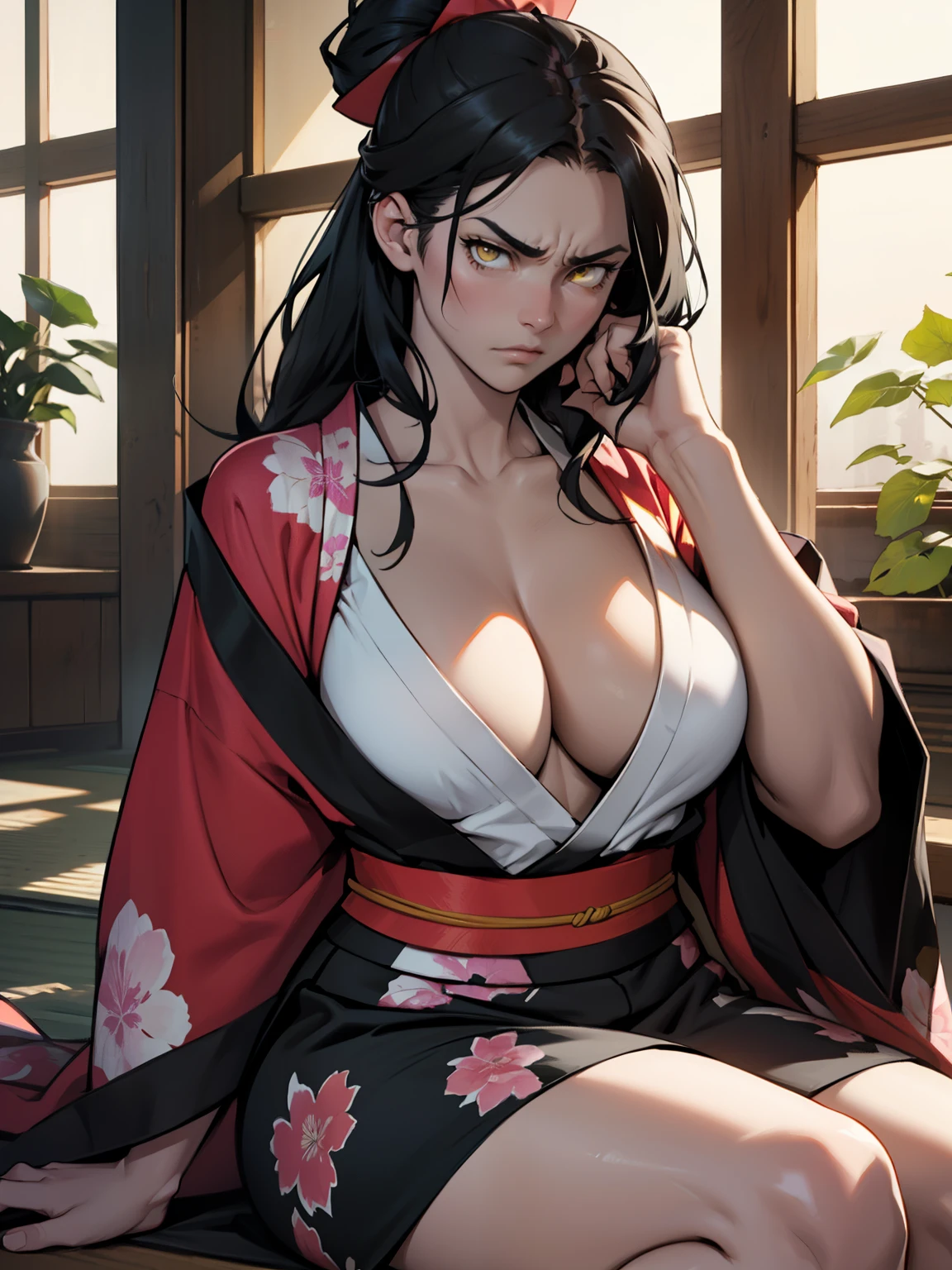 girl ((muscular)) massive breasts thick disdain disgusted annoyed disappointed black hair yellow eyes pale skin super detail kimono sitting