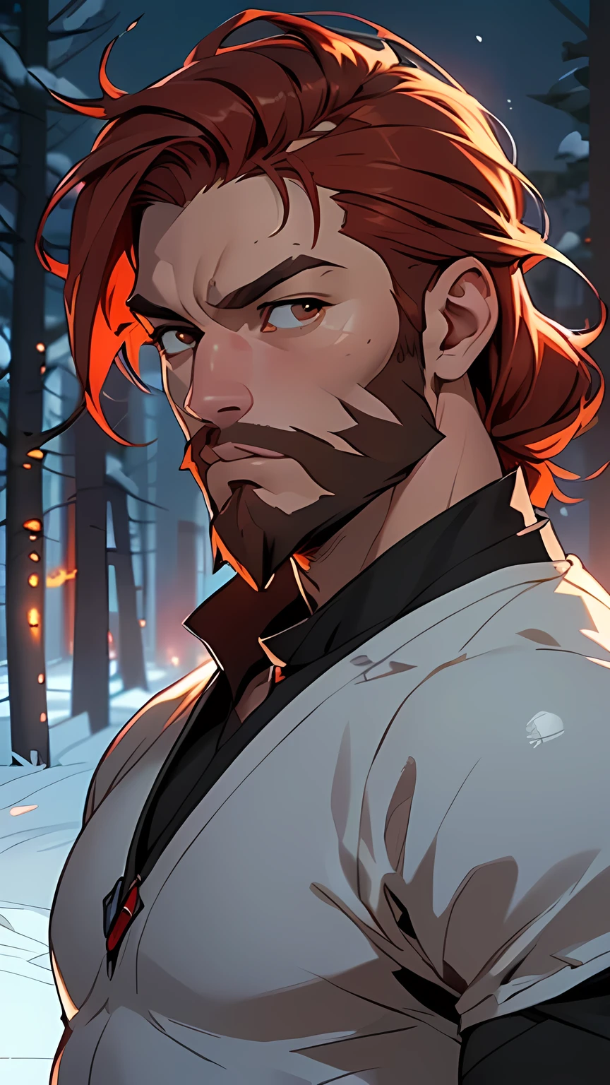 (((man))), dark,man:1.5,1 man,,(male,muscle,1 boy, 1 boy,chest,man chest, muscular), 25 year old man,young,((1male,1 male,1man,man,male gender:1.5,handsome man,male focus)),young handsome male,(fire hair), fire hair, (((Brown_eyes:1.3))),difficult eyes,beautiful detailed eyes,symmetrical eyes, honey eyes, ((detailed face)), certain body, body to the waist, muscular body, (((ginger hair))) strong man with muscules, (((broad shoulders))
serious face, (((brown eyes))), (((bright red hair))), ((beard)), freckles
(((handsome muscular warrior man in a light shirt))),((difficult outfit,difficult clothes)), Waist-deep frame, ,(((white medieval clothes)))
(dynamic pose:1.0), (centered,scale to size,Rule of thirds), Full face, looks straight
((snowy pine forest at night, dark forest, snow, Foggy, An eerie aura, creepy atmosphere)),with dark storm clouds,winter,Landscape:1.25,difficult Landscape,((snow forest background)), ((night)), Moonlight
(Glossy winter ornaments),A high resolution,sharp focus,(ultra detailed,extremely detailed),(photorealistic work:1.37),(extremely detailed CG unity 8k wallpaper),(((bright colors,bright theme))),(difficult),(masterpiece),(Best quality),art photography,(photo taken by sldr),(difficult background),perfectly drawn face,perfect facial details,realistic face,photo realistic,((difficult detail)),(((Realism))),