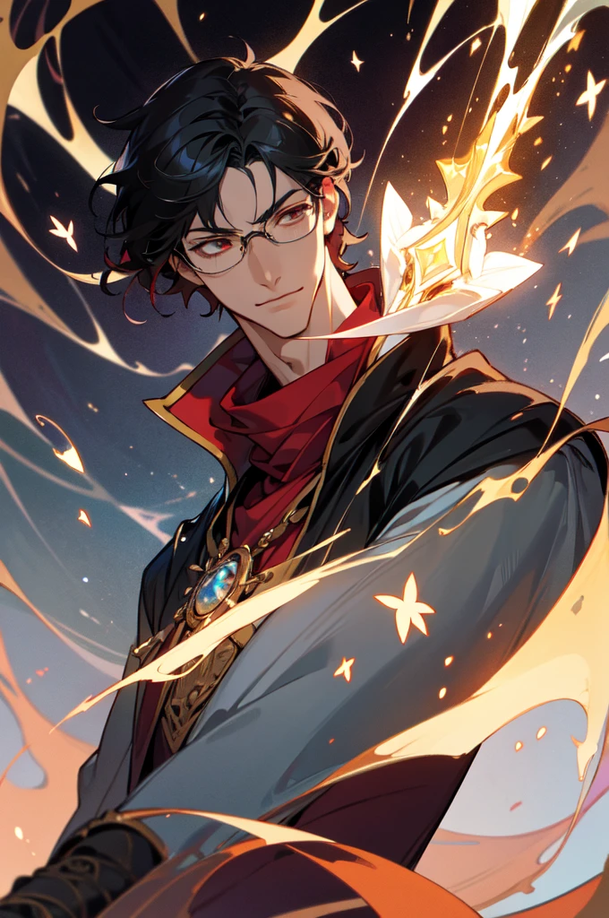 masterpiece, best quality, 1 male, young, tall muscular, handsome, finely detailed eyes, intricate details, black hair, short hair, smile, solo, upper body, detailed background, detailed face, good sorcerer, color magical robes, determined expression, white color scheme, dark crimson light, glowing magical runes, realistic lighting, floating particles, sparks, surrounded by gold lightning red arcane symbols, corrupted by eldritch power, bloom, glasses
