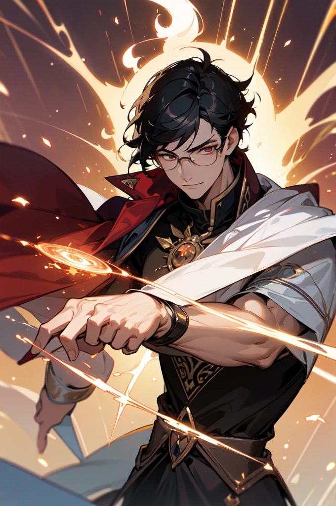 masterpiece, best quality, 1 male, young, tall muscular, handsome, finely detailed eyes, intricate details, black hair, short hair, smile, solo, upper body, detailed background, detailed face, good sorcerer, color magical robes, determined expression, white color scheme, dark crimson light, glowing magical runes, realistic lighting, floating particles, sparks, surrounded by gold lightning red arcane symbols, corrupted by eldritch power, bloom, glasses