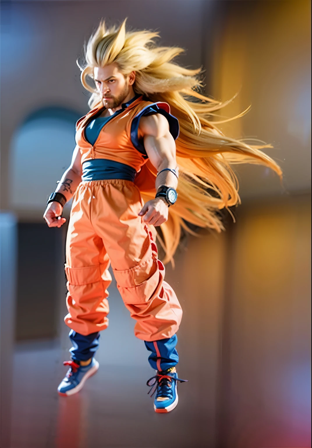 male character, long blond hair, orange top shirt, blue inner shirt with sleeves, blue cloth bracelets, orange pants, blue sneakers with red details and orange cord