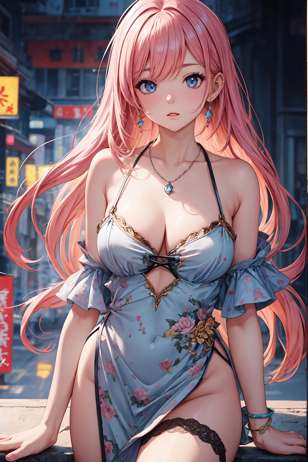 最high quality, masterpiece, High resolution, One girl,China dress,hair ornaments,necklace, jewelry,Beautiful Face,On top of that_body, Tyndall effect,Realistic, Dark studio, Rim Light, Two-tone lighting,(Skin with attention to detail:1.2), 8K Ultra HD, Digital SLR, Soft lighting, high quality, Volumetric lighting, Frank, photograph, High resolution, 4K, 8k, Bokeh, Pink Hair, nude,