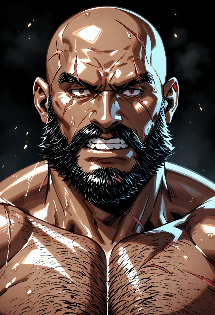 score_9, score_8_up, score_7_up, source_anime, masterpiece, best quality, perfect anatomy, very aesthetic, absurdres, 1boy, solo, adult, angry, strongman, big beard, muscular body, dark skin, scar, bald,  clench teeth,  sweat, hairy