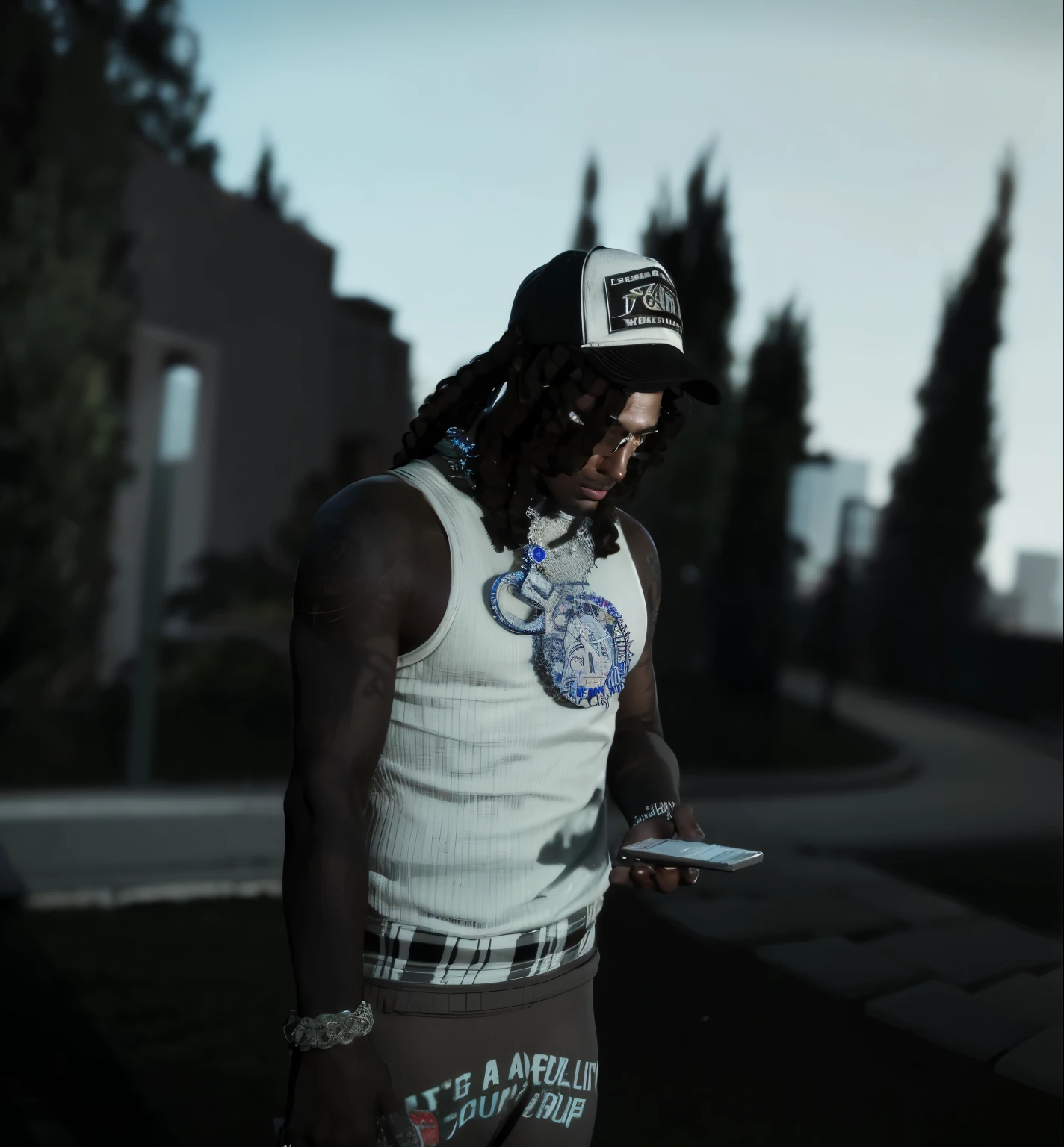 a highly detailed and realistic photograph of a cartoon character, photorealistic, 8k resolution, extremely detailed facial features, beautiful eyes, realistic skin texture, detailed clothing, intricate background, dramatic lighting, cinematic composition (masterpiece, 4k, ultra detailed, raw photo: 1.2), illustration, (portrait:1.2), (single background, black background1.4), (Art Deco:1.4), (minimalism:1.4), (clean:1.4), (fractal:1.4), (Microphone art deco), (Podcast) CCDDA Artstyle, a highly detailed and realistic photograph of a cartoon character, photorealistic, 8k resolution, extremely detailed facial features, beautiful eyes, realistic skin texture, detailed clothing, intricate background, dramatic lighting, cinematic composition AFRICAN AMERICAN WITH WICKS looking straight make sure eyes are straight make sure there is only two cuban link chains