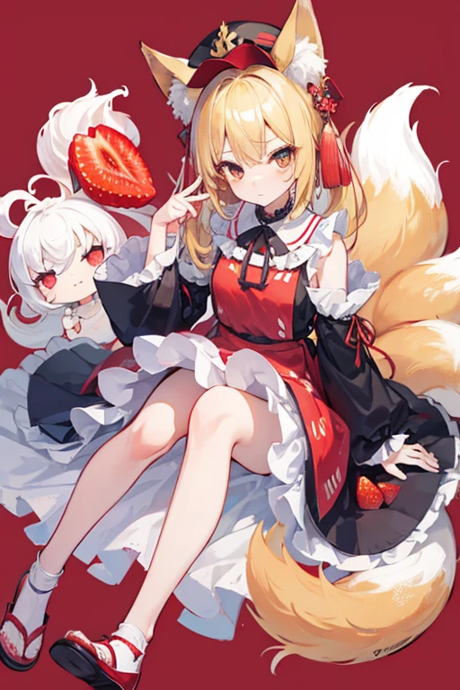 1girl,blonde_hair,blue_tabard,blush_stickers,closed_mouth,commentary,dress,food,fox_tail,frilled_dress,frills,fruit,fumo_(doll),hat,ice_cream,jitome,leaf,long_sleeves,mini_person,minigirl,mob_cap,multiple_tails,ofuda,ofuda_on_clothes,on_food,red_background,sitting,socks,solo,strawberry,symbol-only_commentary,tabard,tail,touhou,whipped_cream,white_dress,white_hat,white_socks,yakumo_ran,yakumora_n,yellow_eyes, best quality, masterpiece, nai3
