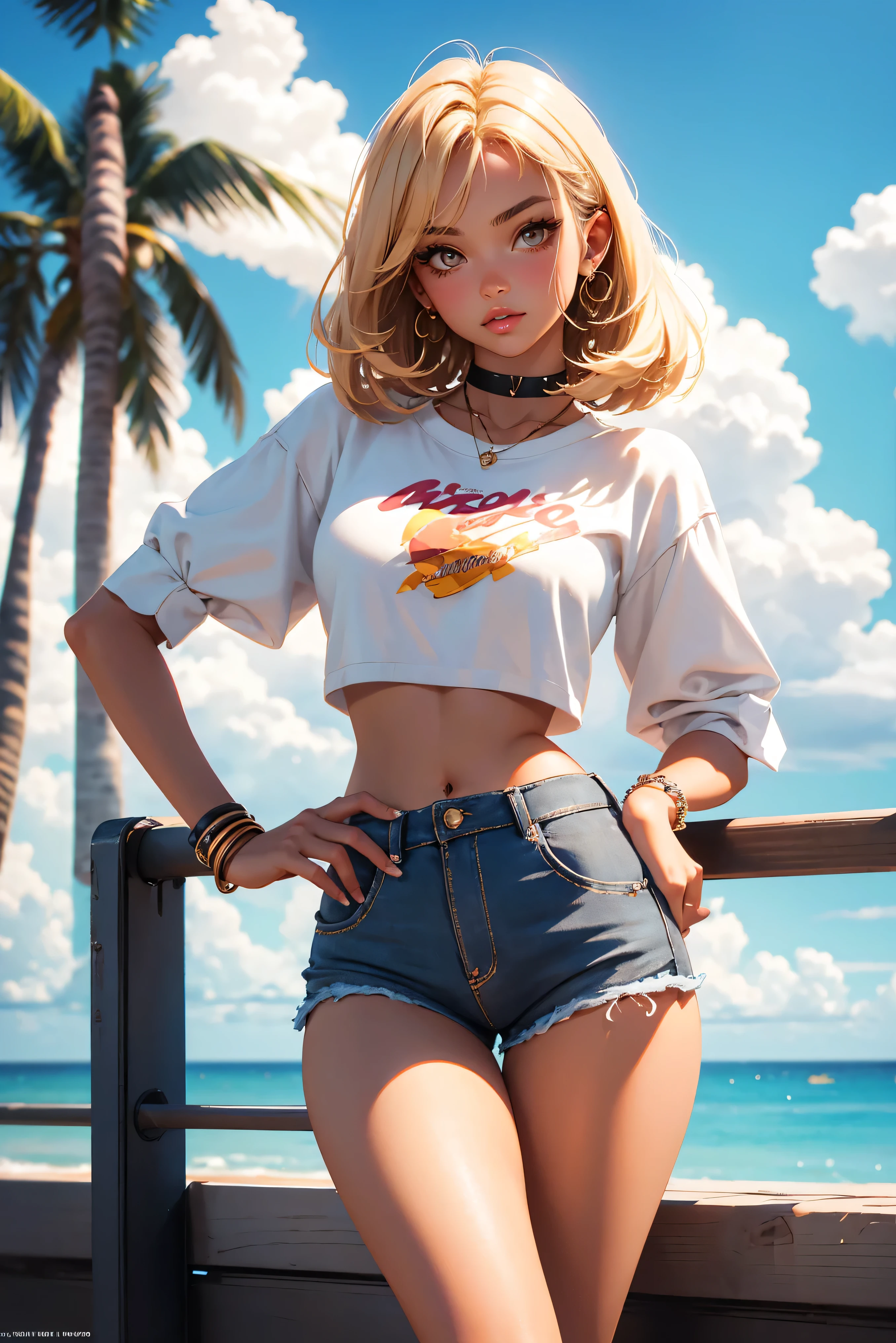 Teenage girl-model 18 years old, beautiful, tanned, blonde, bob hair, bangs, brown eyes, beautiful figure, girl wearing crop shirt and too short mini shorts, beautiful long legs, slave bracelets, slave choker, manicure, cute makeup, flirtatiously posing, hot summer, hot flirty, sexy posing, summer outfit, top quality, higest quality, pin-up style, retro 80s style, Daisy Dukes style, Miami vibes, Californian