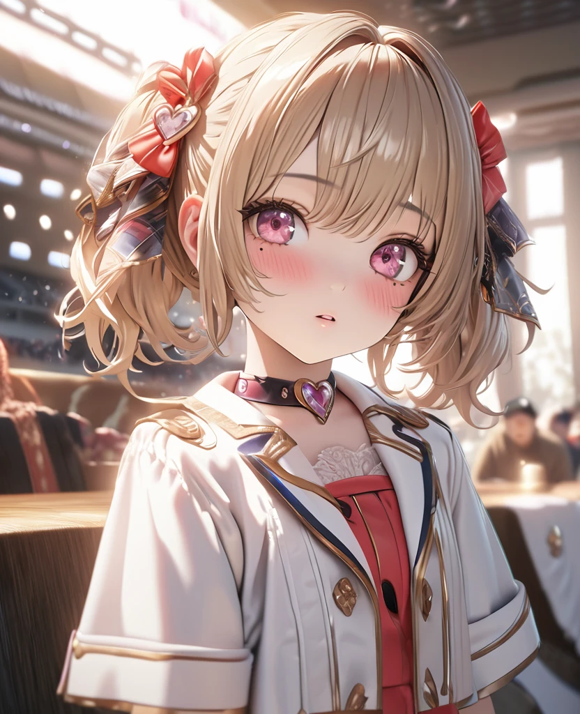 masterpiece, best quality, ultra detailed, high resolution, expensive resolution, HDR, 4k, 8K, uniform 8k wallpaper, ultra detailed CG, masterpiece, realistic, 2D, 3D, beautiful details, depth, fine texture, ultra fine: 1.3, perfectly in focus, crispy .skin, .he, very cute anime girl, idol, brown short twintail hair wearing expensive, one girl, one person, brown short twintail hair, idol, mole under eye, looking at the viewer, expensive, blush, mole, parted lips, hair accessory, heart shaped choker, pink eyes, choker