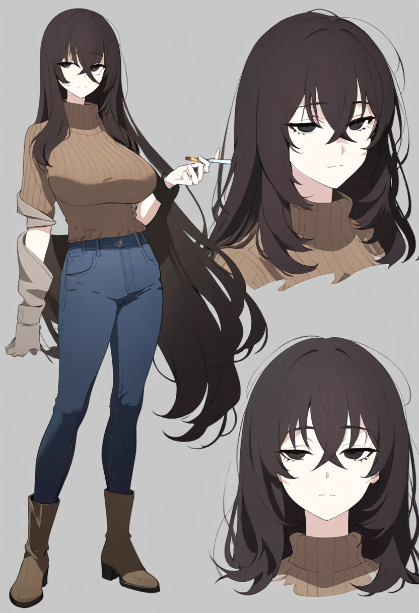 One Woman,Downer,older sister,Concept Art,Dark brown hair,Straight hair with slight inward curls,Staring eyes,Eye Ridge,black eye,Crossed bangs,whole body,smile,Larger breasts,Gray background,Bangs that reach down to the eyes,Messy hair,Tight dark jeans,Brown turtleneck sweater,Multiple views of the same character,Character Design,Dark circles under the eyes,Bad look,Listless,Sloppy,accessories,Cafe staff,Holding a cigarette,whole bodyCharacter Design,Detailed hands,Height: 170cm,boots,