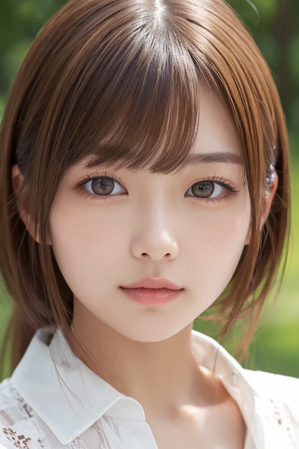 high resolution、(((1 Beautiful Girl、Japanese)))、(detailed)、 bangs、((Perfect Face,Brown Hair))、Real Texture Skin、Natural Makeup:1.2、blouse、Early summer park