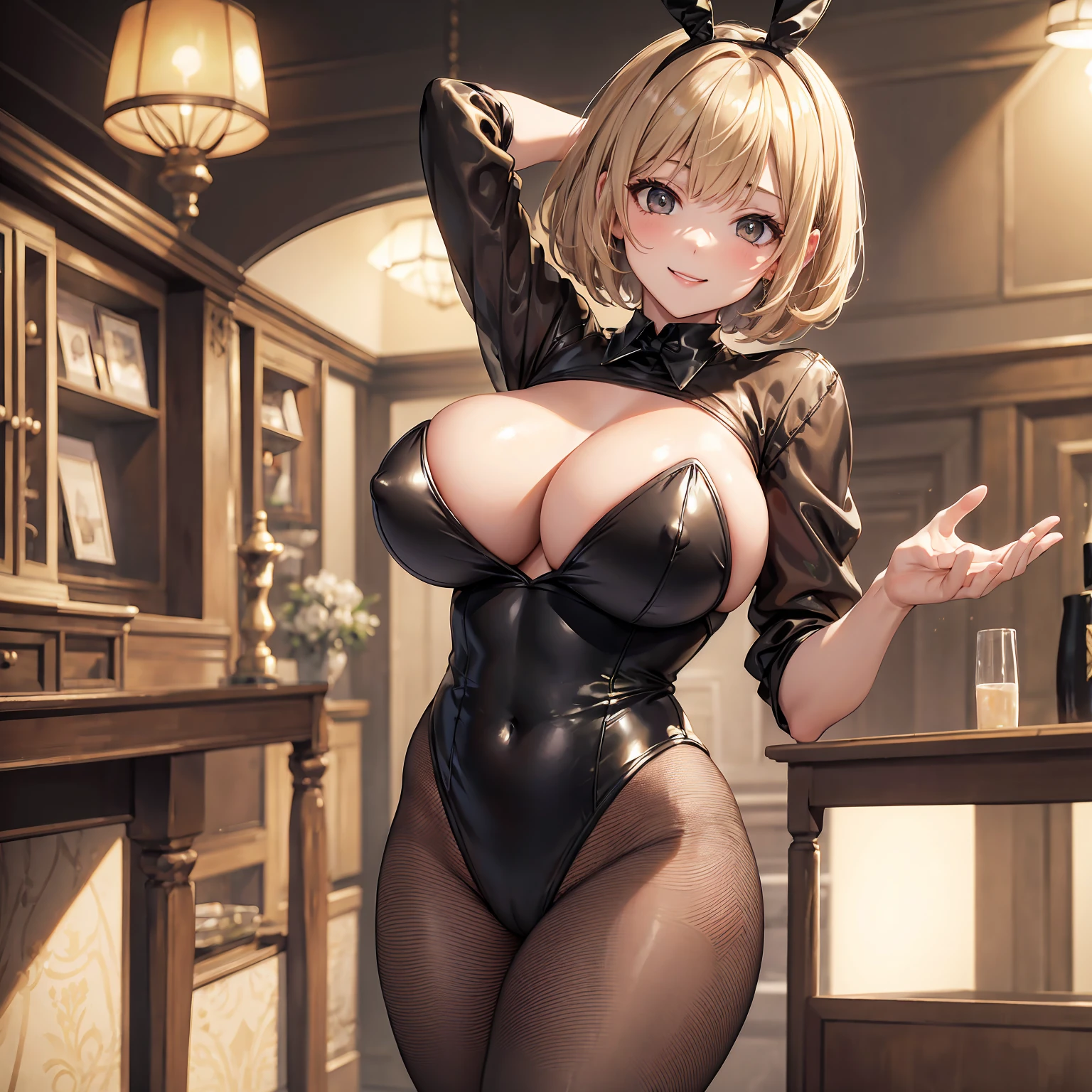 Beauty, Beige hair, Short Bob, Loosening perm, Big Tits, masterpiece, high quality, 4K, Inside the room, Black bunny suit, smile, Dynamic pose, Fishnet tights, Leotard Bunny Suit, Cleavage, Covered breasts
