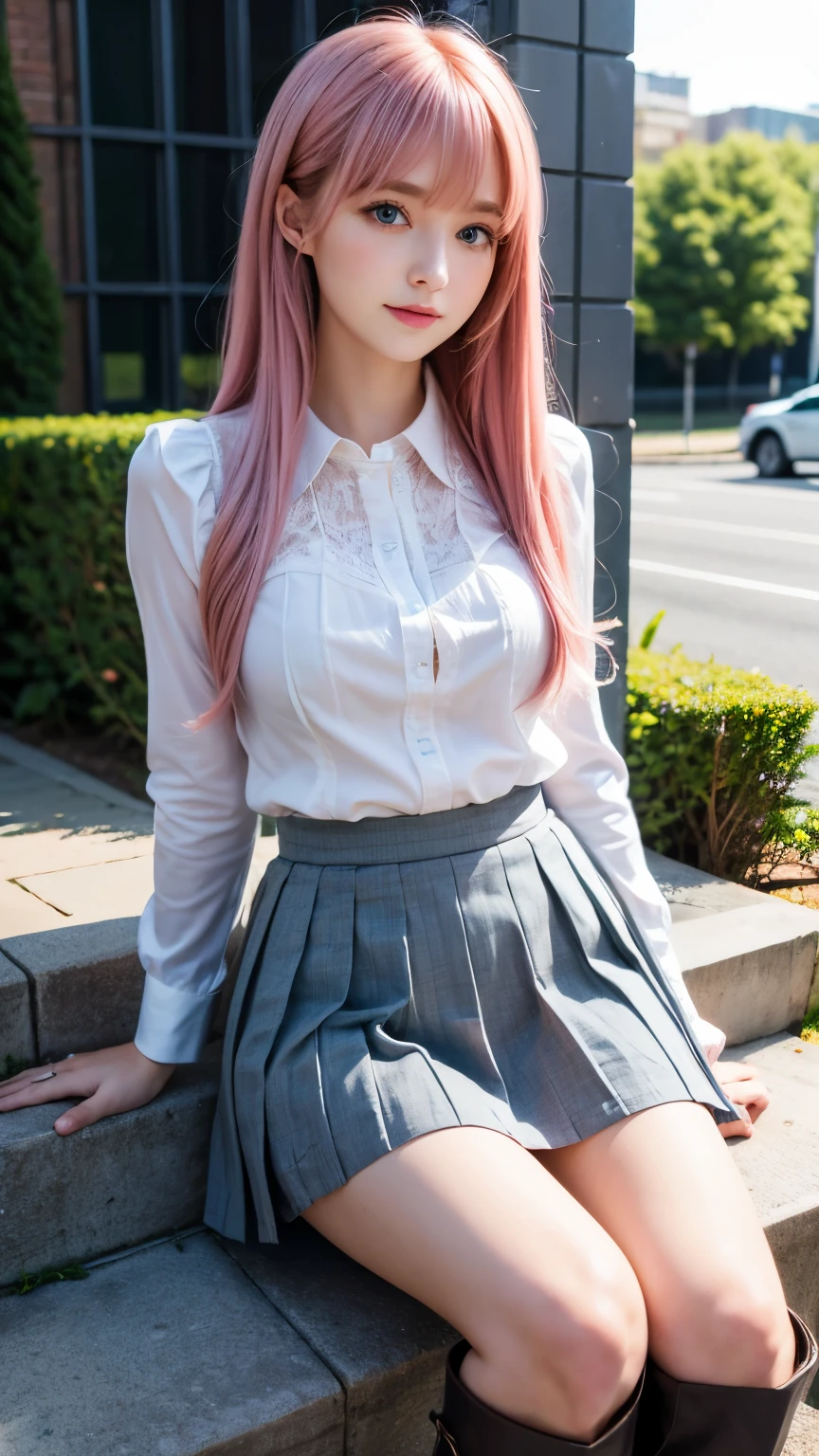 ((best quality)), ((masterpiece)), (detailed), 1 Girl, Sexy，Pink Hair，Long hair，Side-parted long bangs，，Blue Eyes，Wear gray，Hip skirt，black，Boots。