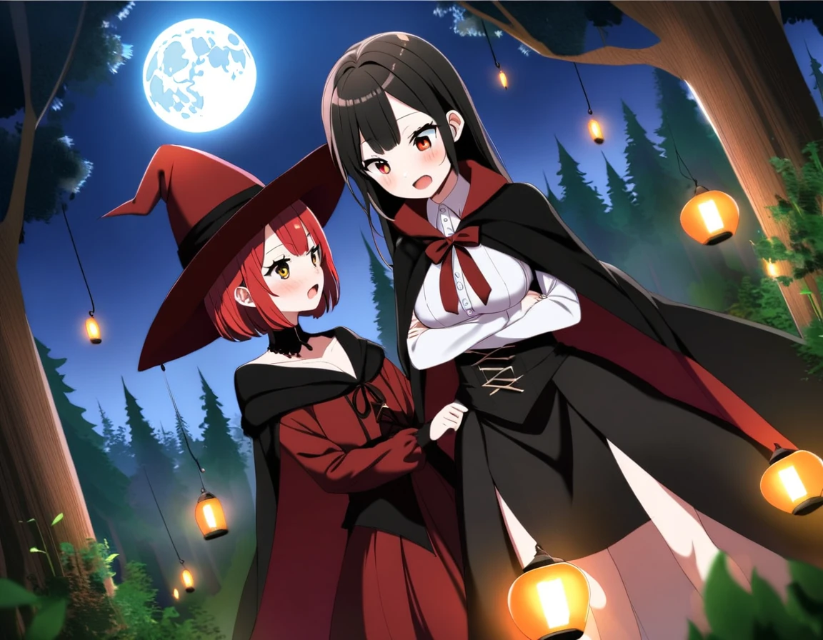 A Red haired witch girl and a black haired vampire girl in a forest under a full moon