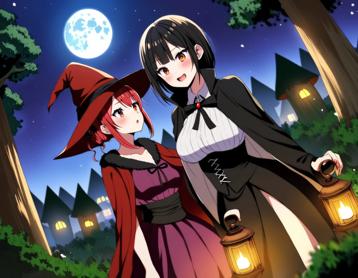 A Red haired witch girl and a black haired vampire girl in a forest under a full moon