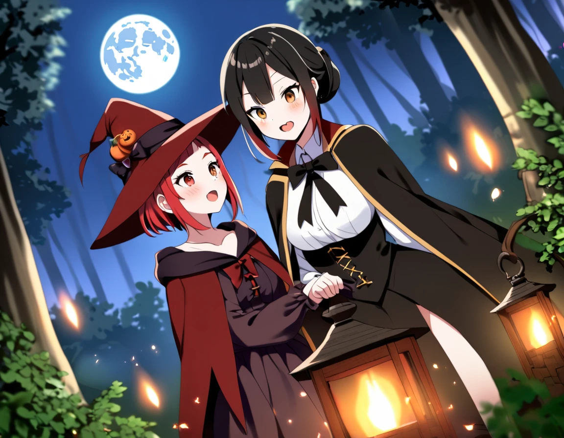 A Red haired witch girl and a black haired vampire girl in a forest under a full moon