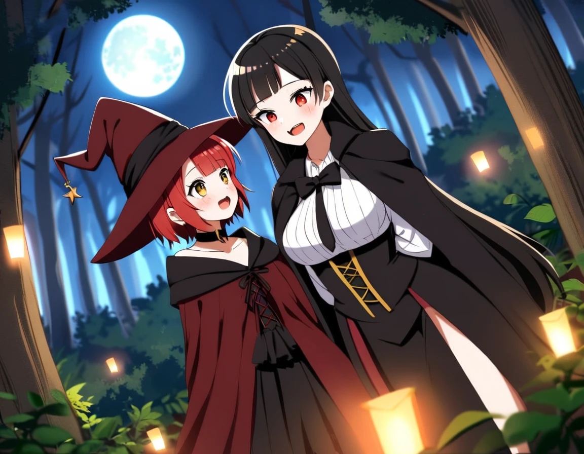A Red haired witch girl and a black haired vampire girl in a forest under a full moon