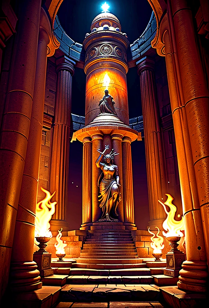 Draw an underground chamber with RPG style. The chamber is vast and filled with piles of gold and jewels. At the center, there is a ten-tiered pedestal with a flame on each tier. The pedestal is 5 meters high and 3 meters wide. The chamber is lit by torches on the walls and the flames on the pedestal, casting a warm glow over the treasures. Near the entrance, there is a large humanoid statue made of metal, standing about 3 meters tall. At the statue's feet, there is an inscription on a stone: 'The true wealth is not kept for oneself, but shared with integrity.' In the highest pile of treasure, a bright red stone emits a seductive aura. The chamber has an ancient, mystical atmosphere.