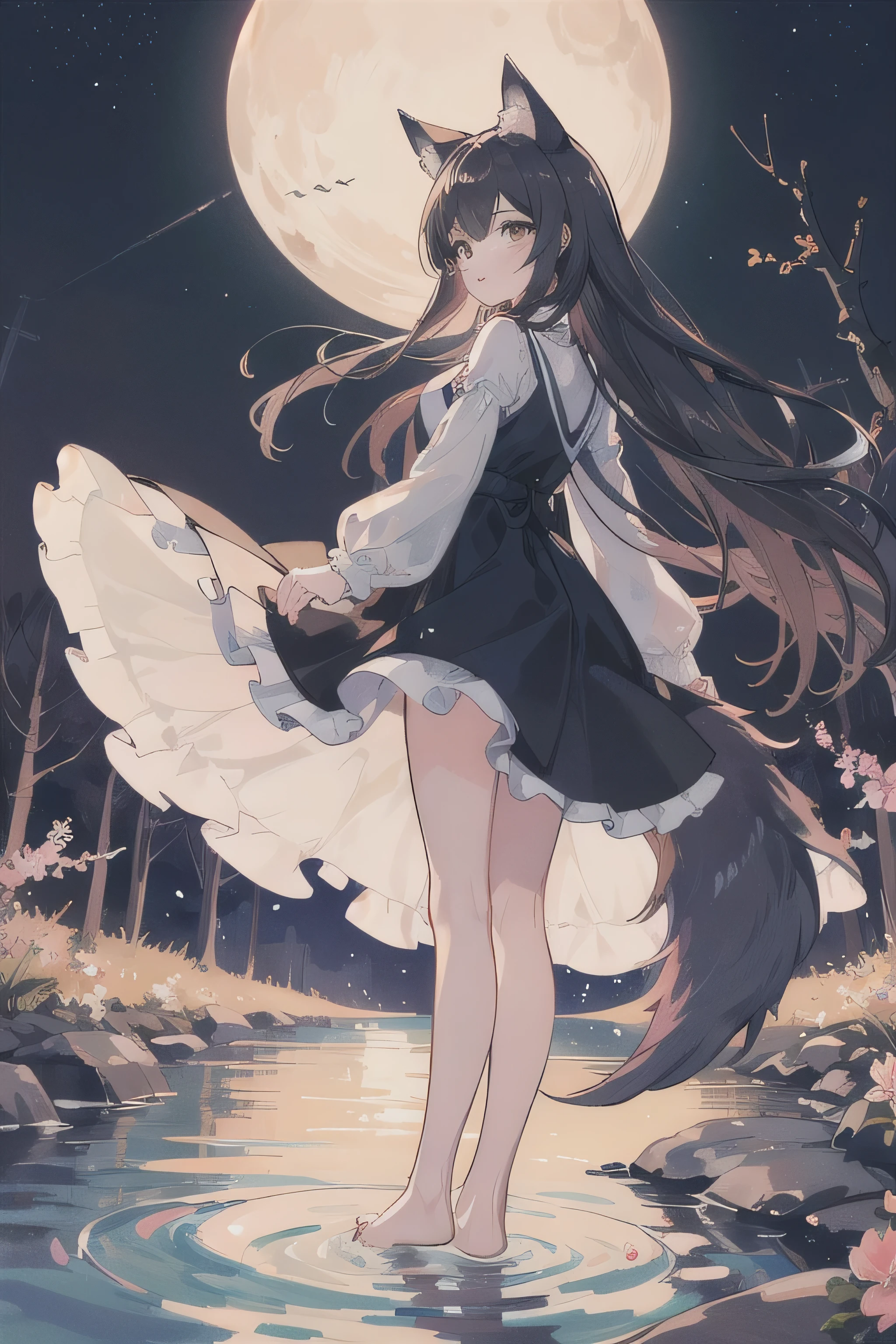 Girl standing feet in water long blowing dark hair wolf ears brown eyes moon blossom trees her wolf by her side night sky moon