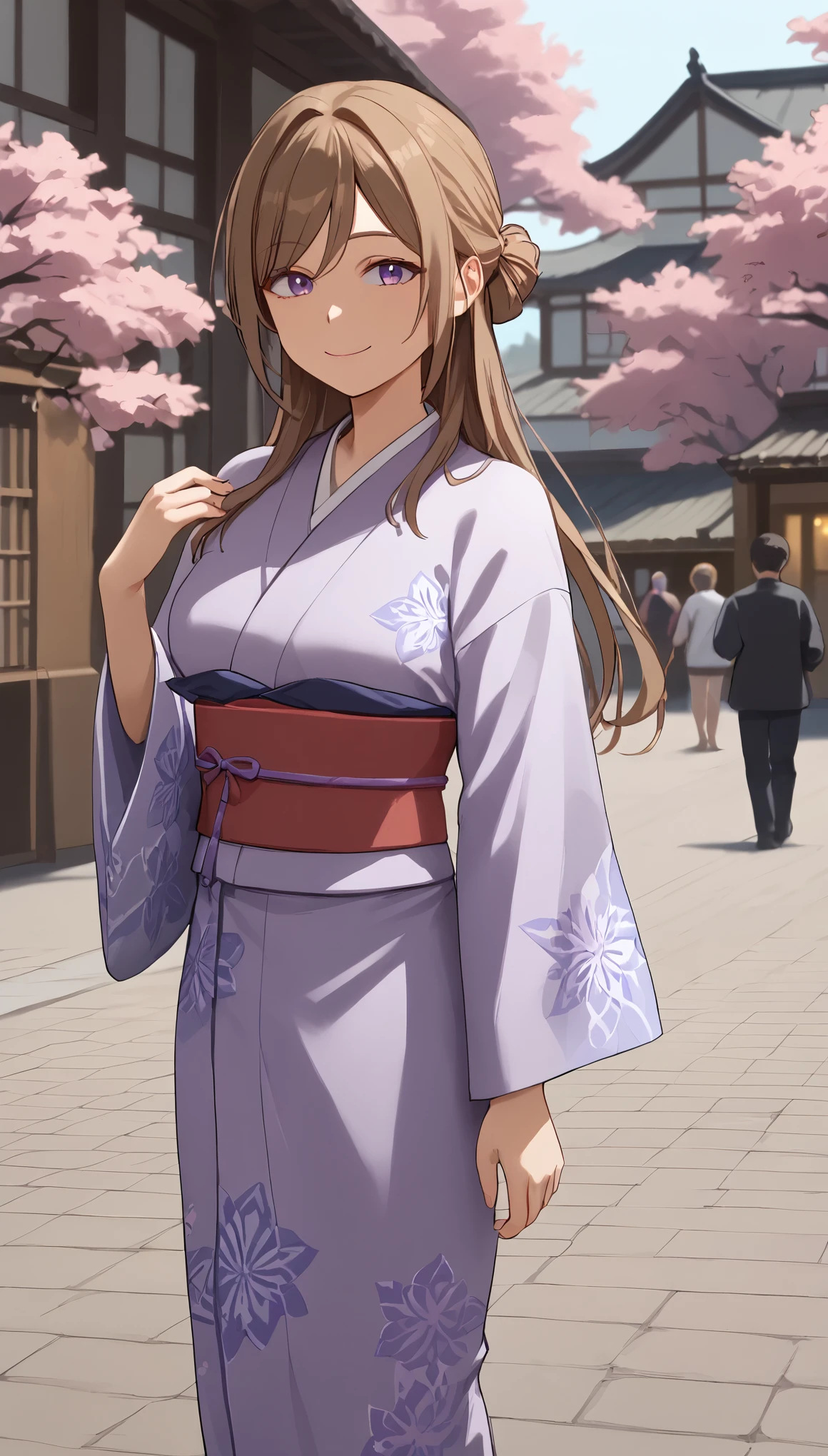 score_9, score_8_up, score_7_up, score_6_up, source_anime,masterpiece, best quality, 8k, 8k UHD, ultra-high resolution, ultra-high definition, highres, shading, good_hands, himesaki rinami, purple eyes, brown hair, hair bun, long hair, kimono, outdoors, street, solo, 1girl, cowboy shot, light smile,