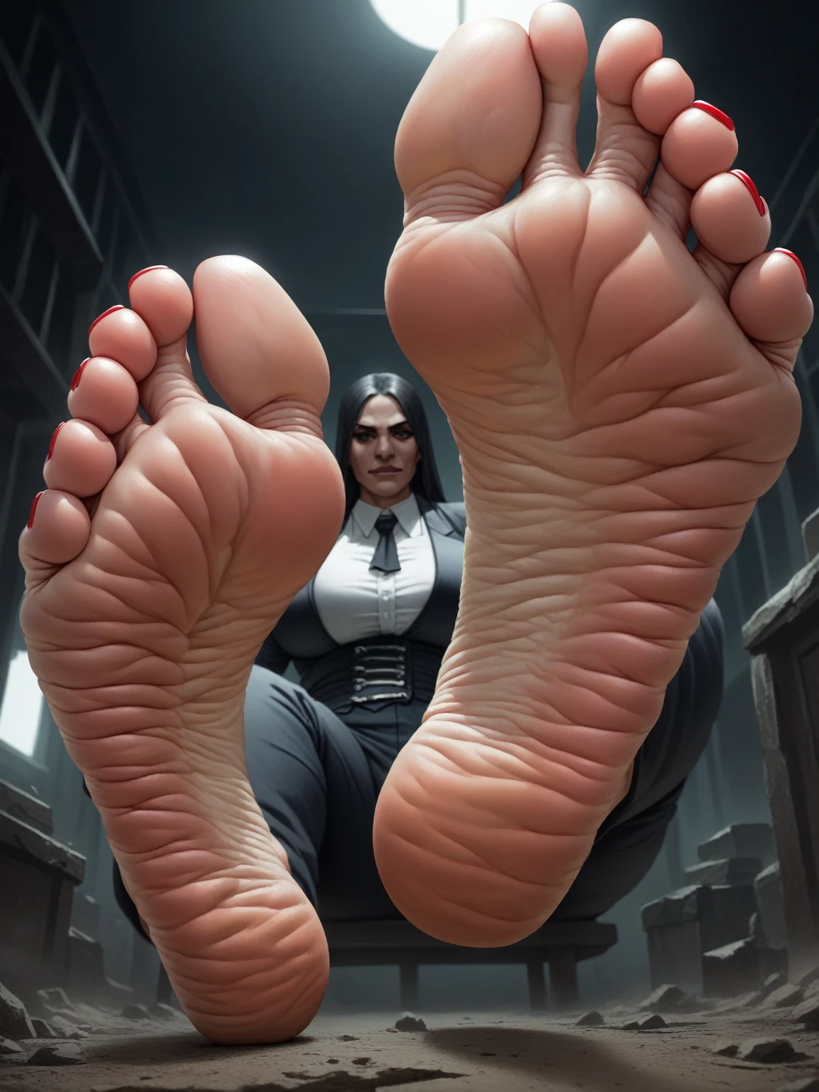 Giant feet soles and toes, red toesnail, black and red backfround, the ground was made of dark water, ultra detailed, wrinkled soles, dirty soles, no character. Masterpiece, 4k, low-angle view, fives toes, two feet