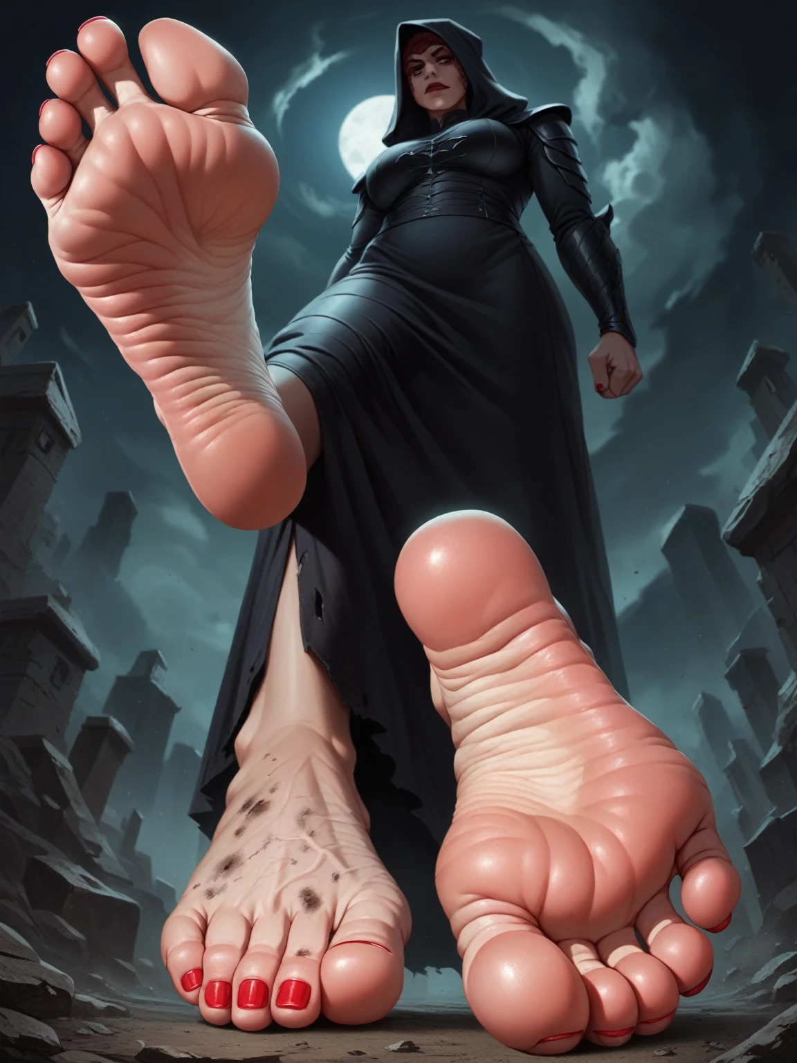 Giant feet soles and toes, red toesnail, black and red backfround, the ground was made of dark water, ultra detailed, wrinkled soles, dirty soles, no character. Masterpiece, 4k, low-angle view, fives toes, two feet