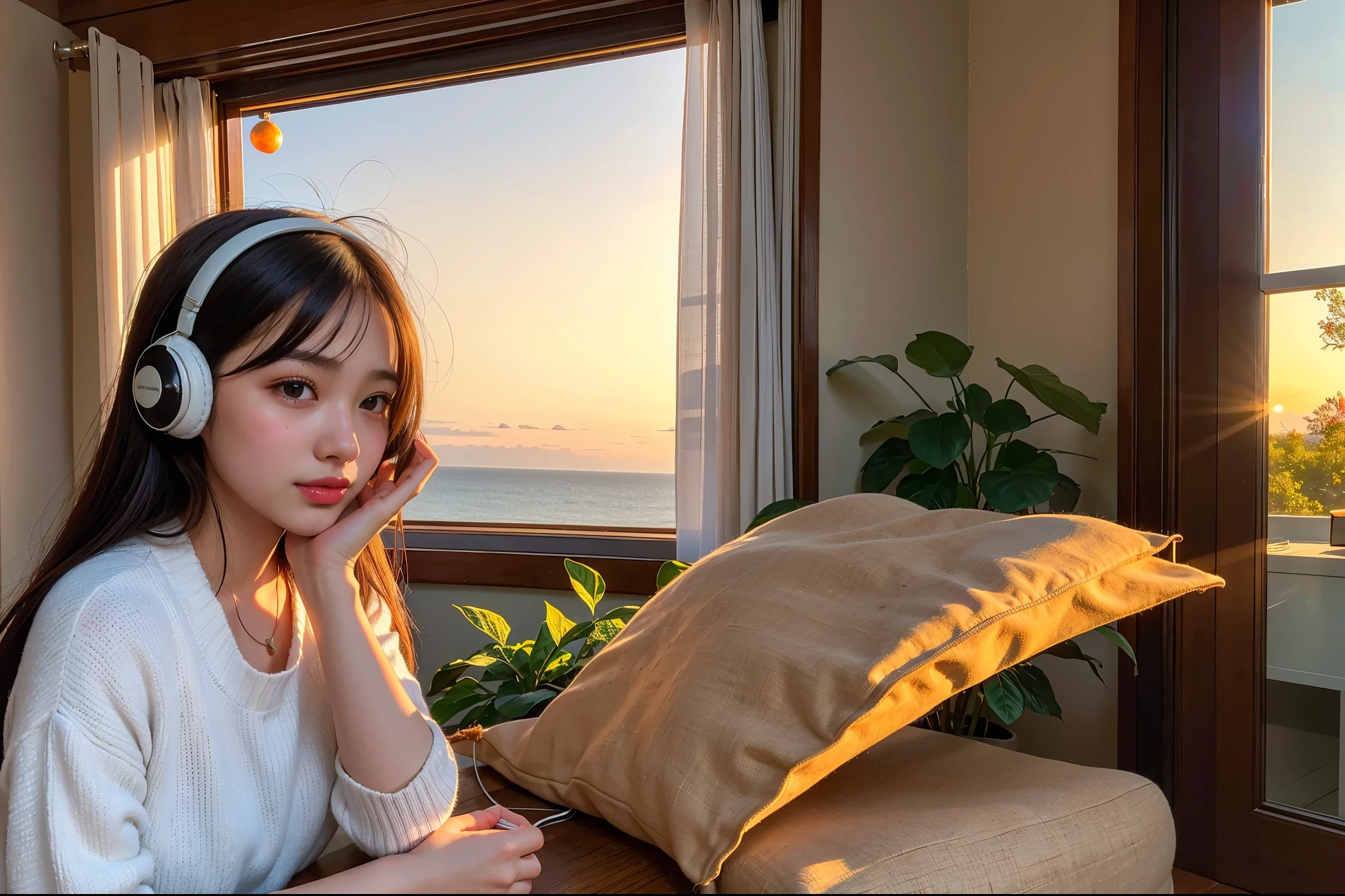 A young woman with headphones, entranced by the stunning sunset before her. She radiates peace and contentment, her eyes reflecting the warm hues of the sky as she basks in the glow of nature's beauty. This scene is portrayed in a beautifully detailed anime-style painting, capturing the girl's serene expression and the vibrant colors of the setting sun. The cozy atmosphere of her home is evident in the warm lighting and comfortable surroundings, enhancing the overall sense of tranquility and comfort emanating from the image.