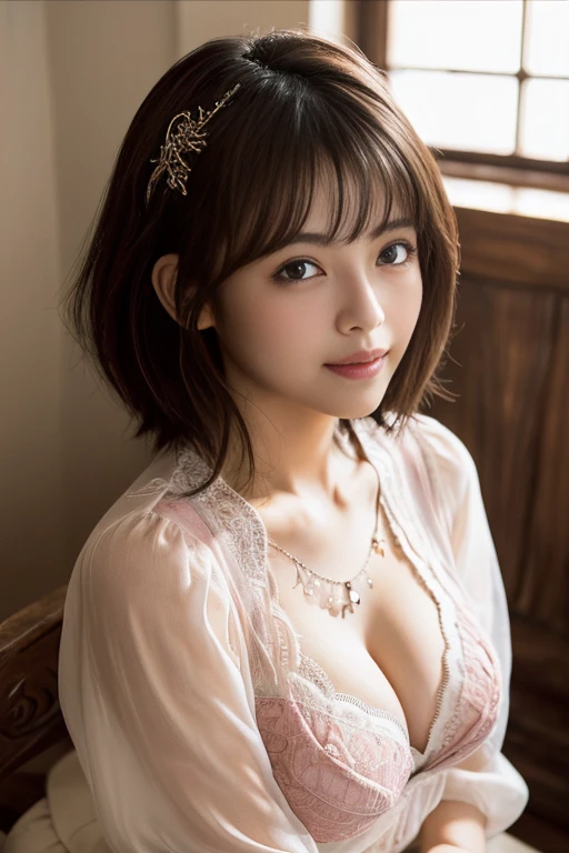(RAW Photos), (Realistic), (masterpiece), (highest quality), High resolution, 8K resolution, (Intricate details), (Volumetric Light), Portraiture, woman,, short hair, Straight hair, Layered Hair, Brown haired, Highly detailed eyes, Source order, Very thin eyebrows, Highly detailed skin, Highly detailed mouth, Highly detailed nose, Cute like an idol, smile, ((Thick lips)), ((Look at the viewers)), (Elegant blouse)、、Cleavageor of the clothes is up to you、The color of her underwear is see-through pink 、Nipples are visi in full view、Expression of enduring pain、