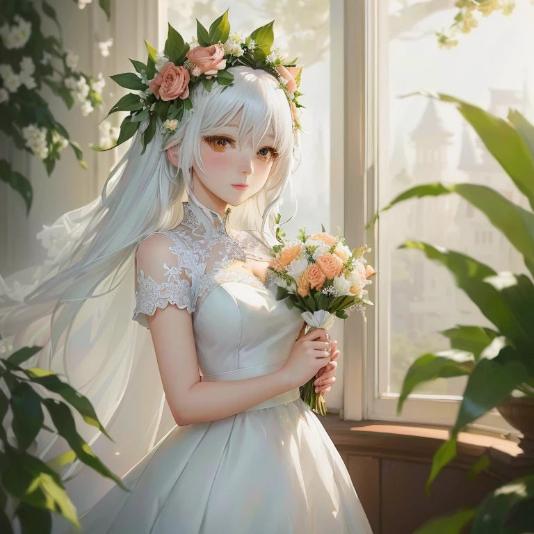anime girl in a wedding dress holding a bouquet of flowers, loli in dress, artwork in the style of guweiz, guweiz on pixiv artstation, guweiz on artstation pixiv, white haired deity, guweiz, girl with white hair, cute anime waifu in a nice dress, beautiful anime portrait, digital art on pixiv