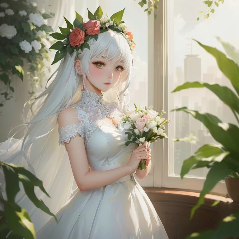 anime girl in a wedding dress holding a bouquet of flowers, loli in dress, artwork in the style of guweiz, guweiz on pixiv artstation, guweiz on artstation pixiv, white haired deity, guweiz, girl with white hair, cute anime waifu in a nice dress, beautiful anime portrait, digital art on pixiv