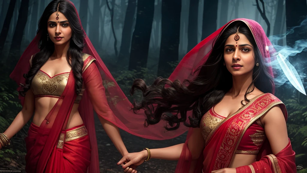 Draw a scene of an Indian chudail, Shahrukh Khan as a female ghost with long hair and inverted feet, in a realistic style,She is flying in the night sky, Haunted Forest, She is wearing a Red sari that covers her head and flows behind her like a trail of smoke, Her face is beautiful, with sharp teeth and glowing red eyes, She is holding a severed head in one hand and a bloody knife in the other. She is looking for her next victim, who is unaware of her presence, ultra realistic, highly detailed, proper body parts 