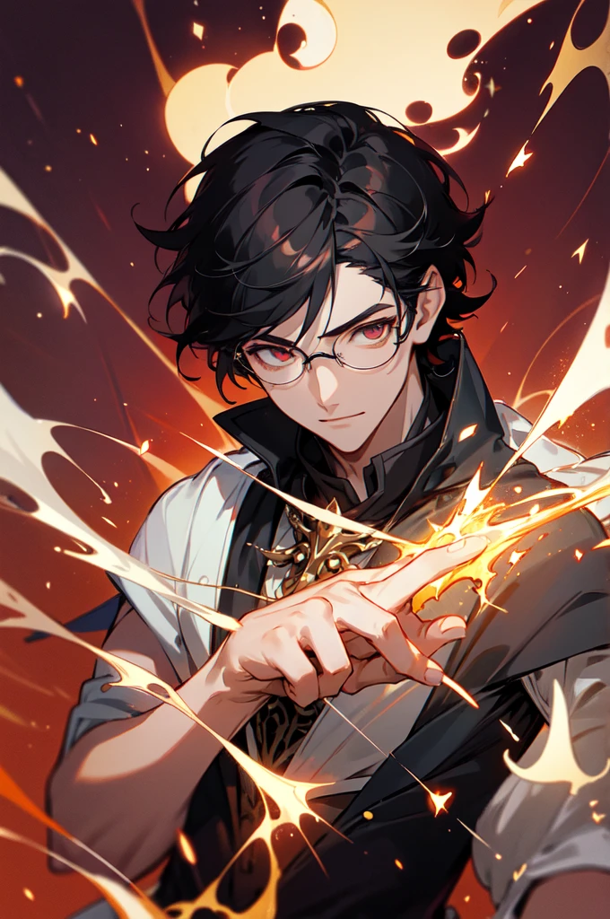 masterpiece, best quality, 1 male, young, tall muscular, handsome, finely detailed eyes, intricate details, black hair, short hair, smile, solo, upper body, detailed background, detailed face, good sorcerer, color magical robes, determined expression, white color scheme, dark crimson light, glowing magical runes, realistic lighting, floating particles, sparks, surrounded by gold lightning red arcane symbols, corrupted by eldritch power, bloom, glasses