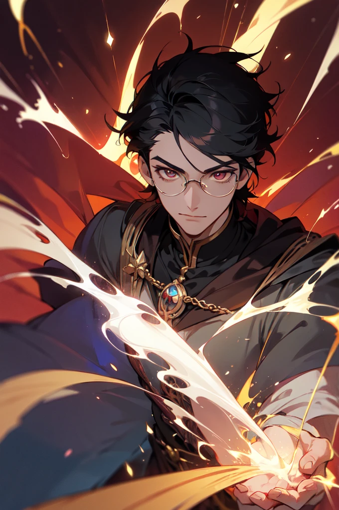 masterpiece, best quality, 1 male, young, tall muscular, handsome, finely detailed eyes, intricate details, black hair, short hair, smile, solo, upper body, detailed background, detailed face, good sorcerer, color magical robes, determined expression, white color scheme, dark crimson light, glowing magical runes, realistic lighting, floating particles, sparks, surrounded by gold lightning red arcane symbols, corrupted by eldritch power, bloom, glasses