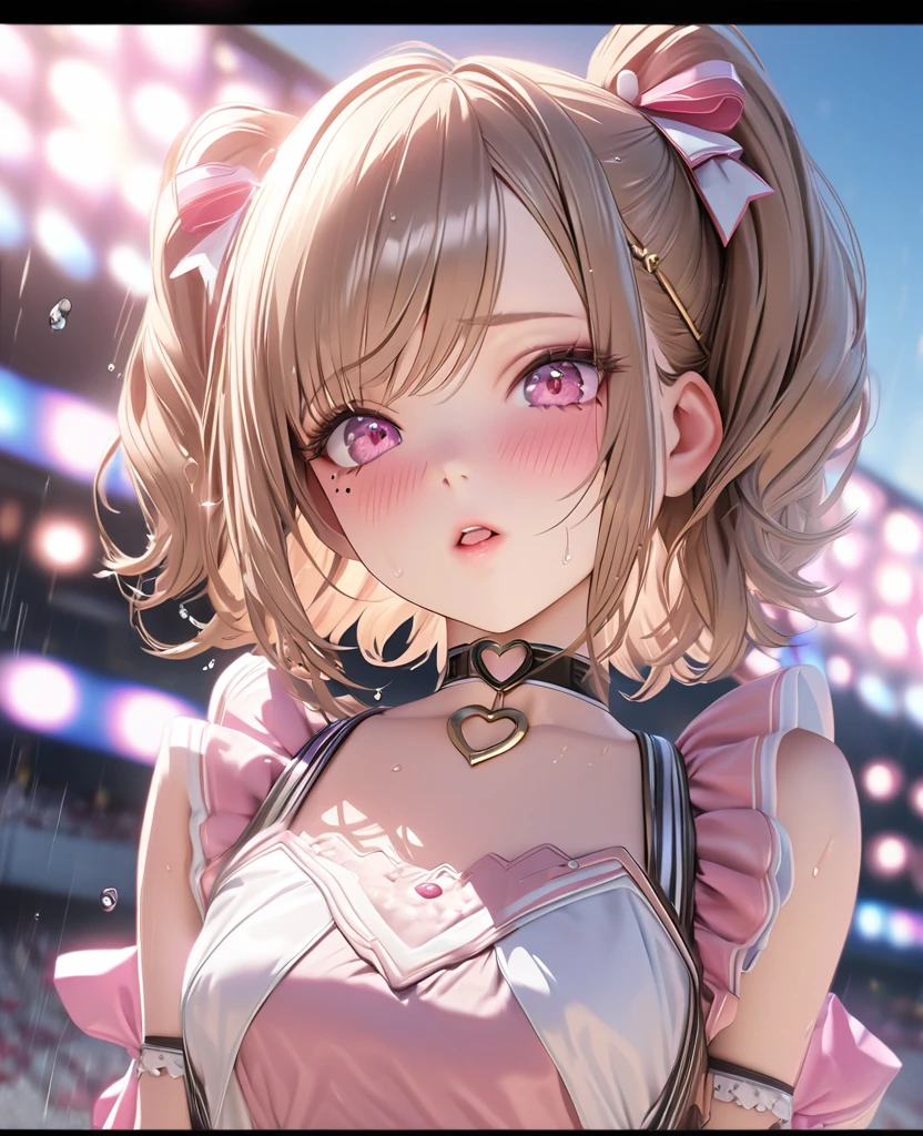 masterpiece, best quality, ultra detailed, high resolution, expensive resolution, HDR, 4k, 8K, uniform 8k wallpaper, ultra detailed CG, masterpiece, realistic, 2D, 3D, beautiful details, depth, fine texture, ultra fine: 1.3, perfectly focused, crispy .skin, .he, very cute anime girl, idol, drenched in heavy rain outdoor stage, chest part is visible through, brown short twin-tail hair wearing expensive clothes, one girl, one person, brown short twin-tail hair, idol, mole under eye, looking at the viewer, expensive, blush, mole, open lips, hair accessory, heart-shaped choker, pink eyes, choker