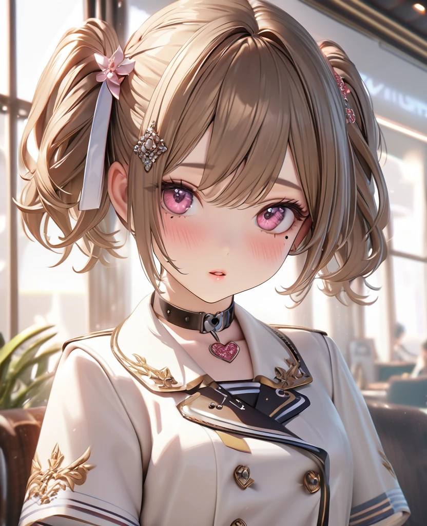 masterpiece, best quality, ultra detailed, high resolution, expensive resolution, HDR, 4k, 8K, uniform 8k wallpaper, ultra detailed CG, masterpiece, realistic, 2D, 3D, beautiful details, depth, fine texture, ultra fine: 1.3, perfectly in focus, crispy .skin, .he, very cute anime girl, idol, brown short twintail hair wearing expensive, one girl, one person, brown short twintail hair, idol, mole under eye, looking at the viewer, expensive, blush, mole, parted lips, hair accessory, heart shaped choker, pink eyes, choker