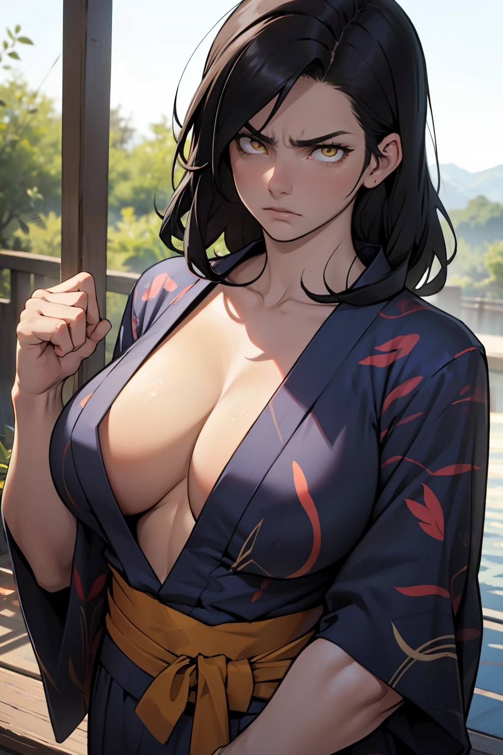 girl ((muscular)) massive breasts thick disdain disgusted annoyed disappointed black hair yellow eyes pale skin super detail yukata