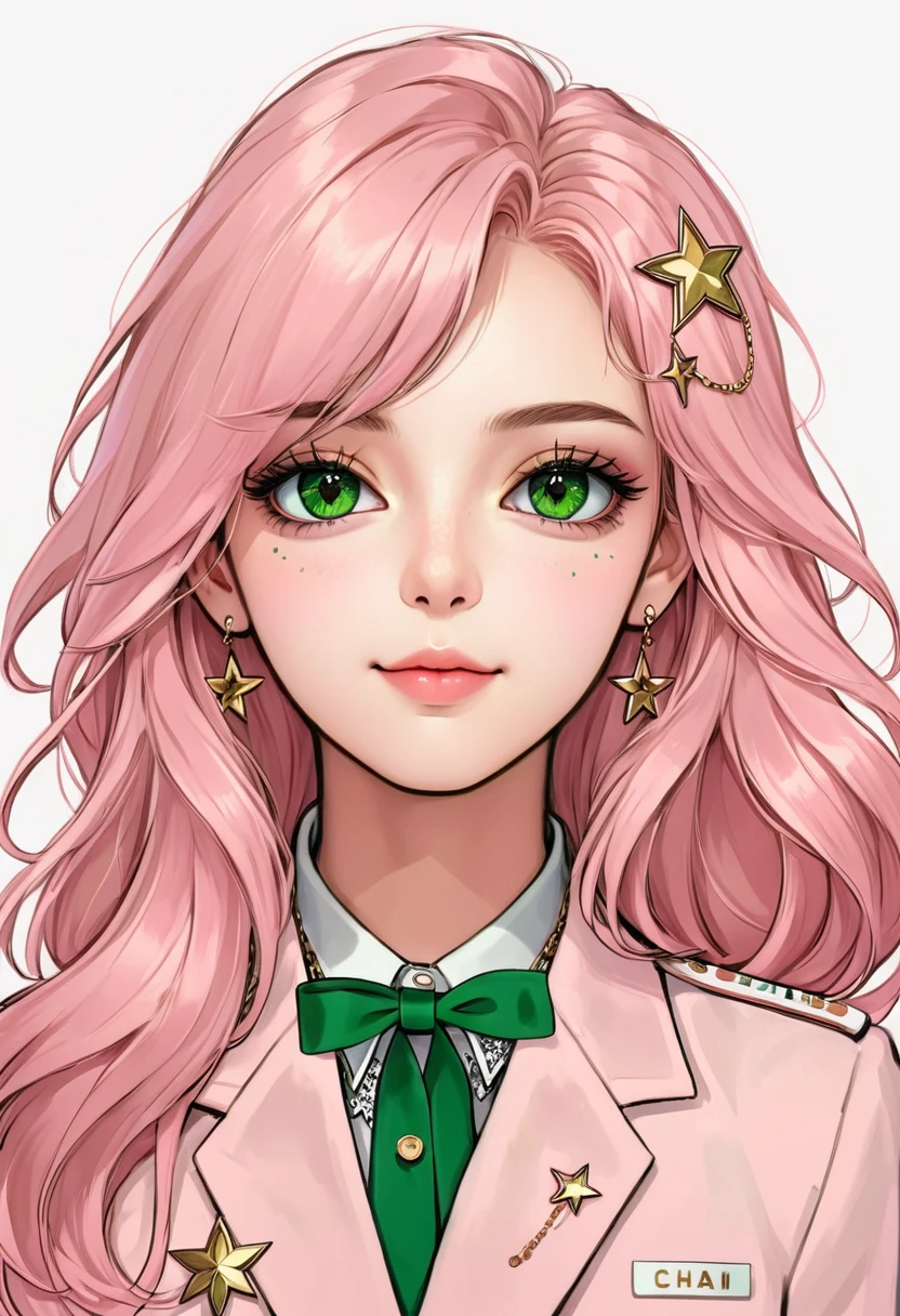 (Digital Illustration，Detailed anime style girl portrait，Solitary，symmetry)，(Big colorful eyes，Fashionable and exquisite facial features，Exquisite makeup，Sweet smile，Star symbol mark on cheek，Soulful gaze，)，(Light pink fluffy long hair，Beautiful hairstyle，Hairpin)，(White high collar lace shirt，Green suit，Epaulettes-Chain，cool，)，Clean and simple white background，(((Correct human anatomy)))