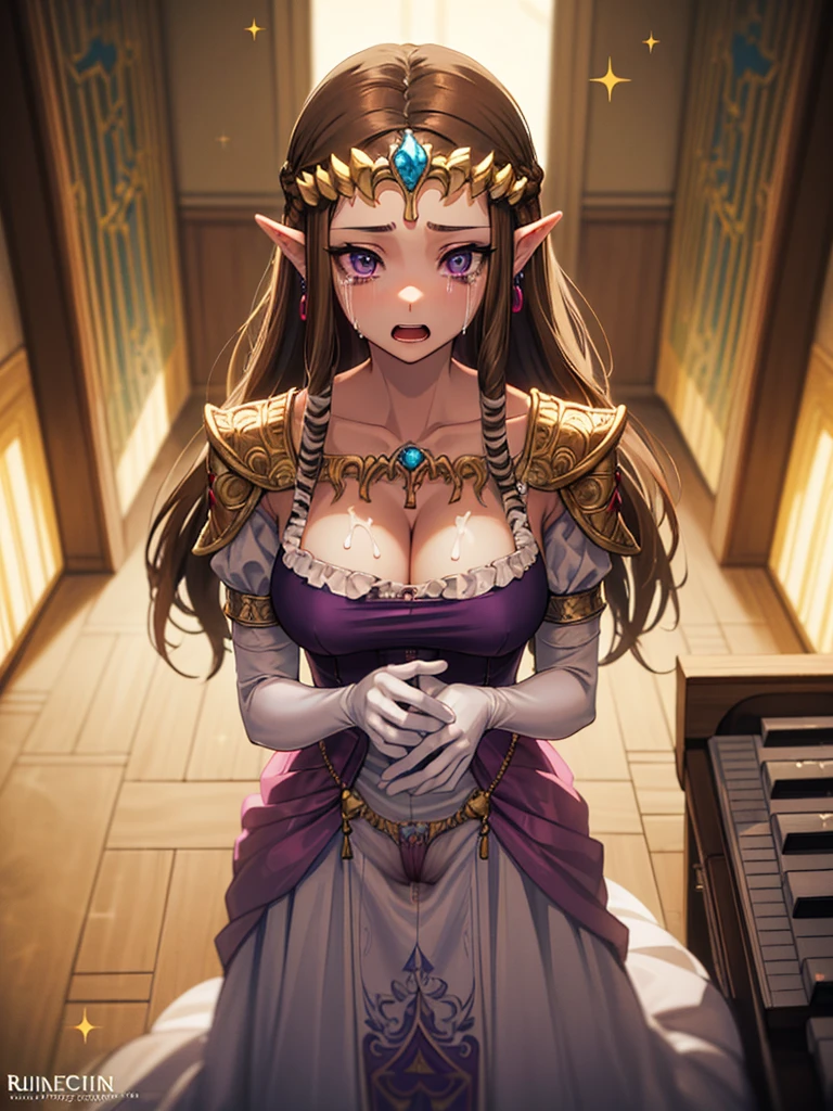 ((Princess Zelda)),((Twilight Princess)),(((Male organ))),(Sex),((Are crying)),((Cum in pussy)),((Purple blouse)),((Overhead Shot)),((Dark brown hair)),Anime art style,masterpiece,(Highest quality), ((Scared)),(Very detailed),(Very delicate and beautiful),(alone),,(Detailed face and eyes),Beautiful eyes like jewels,(Torn underwear),(((Mature Woman,Queen)))),((crinoline)),Absolutely gorgeous highly detailed rococo ball gown dress with ruffled voluminous full length hoop skirt,((Straight hair)),(),Cleavage,length_gloves,Very gorgeous hair accessories、,((Gorgeous Glitter Jewelry)),