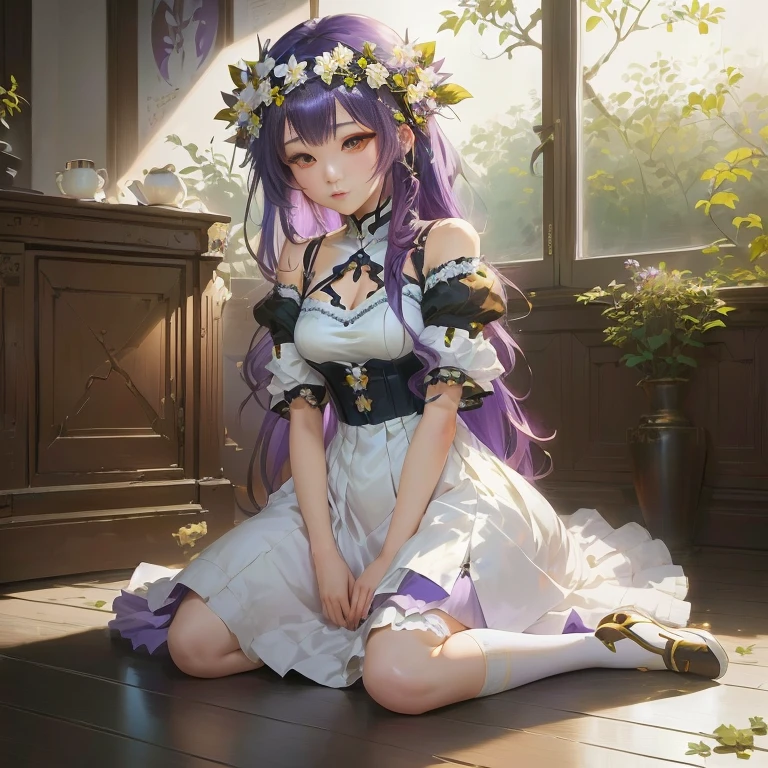 anime girl with purple hair sitting on the floor in a room, guweiz on pixiv artstation, guweiz, artwork in the style of guweiz, guweiz on artstation pixiv, anime moe artstyle, marin kitagawa fanart, loli in dress, cute anime waifu in a nice dress, guweiz masterpiece