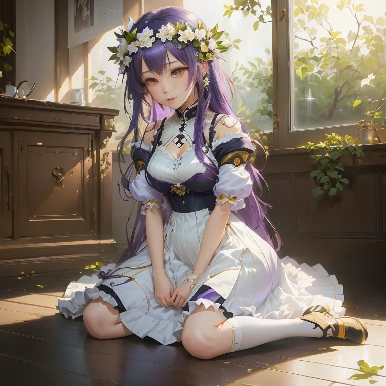 anime girl with purple hair sitting on the floor in a room, guweiz on pixiv artstation, guweiz, artwork in the style of guweiz, guweiz on artstation pixiv, anime moe artstyle, marin kitagawa fanart, loli in dress, cute anime waifu in a nice dress, guweiz masterpiece