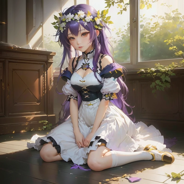 anime girl with purple hair sitting on the floor in a room, guweiz on pixiv artstation, guweiz, artwork in the style of guweiz, guweiz on artstation pixiv, anime moe artstyle, marin kitagawa fanart, loli in dress, cute anime waifu in a nice dress, guweiz masterpiece