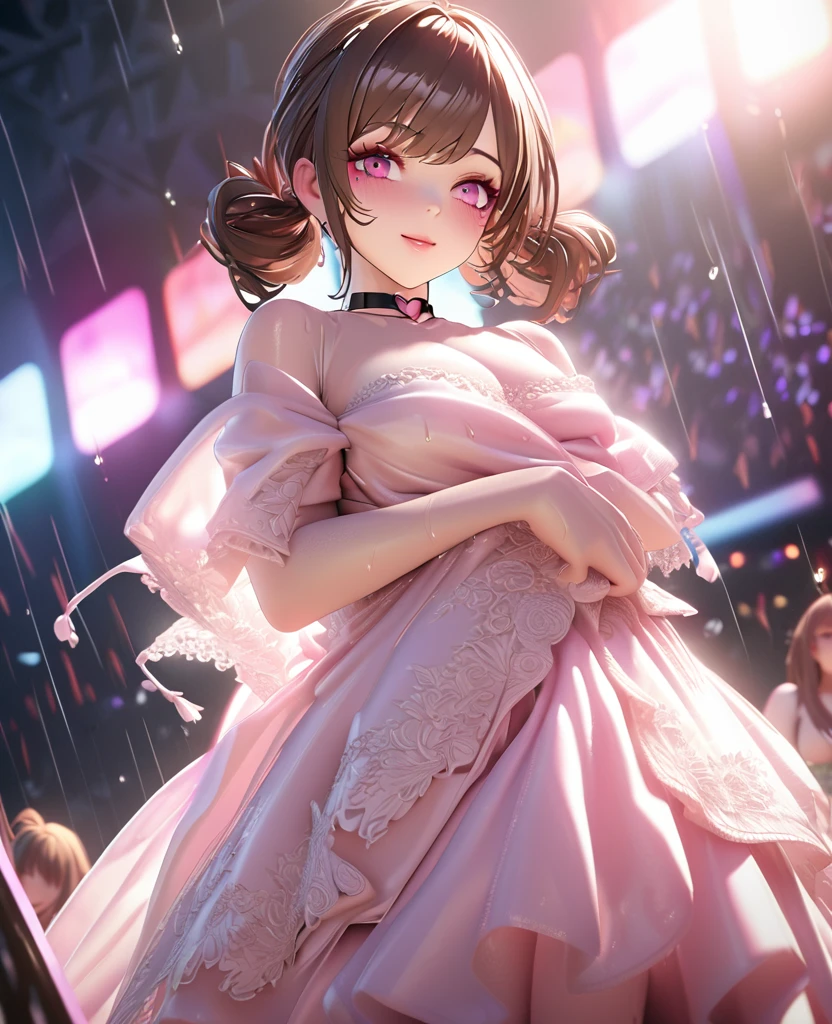 one girl, staring at the audience, beautiful pink eyes, brown hair in short twin tails, mole under eye, plump glossy lips, heart shaped choker, idol, her name is Mei, smiling, . . . 3D, realistic, idol's costume was drenched in heavy rain, her chest was wet and see-through, heavy rain at outdoor concert, draped clothes, jewelry and decorations removed, floral patterns, lace trim, glittering on stage, masterpiece, best quality, 8k, detailed skin texture, detailed fabric texture, beautifully detailed face, intricate details, highly detailed, ultra high resolution, 8k Ultra HD, film grain, best shadows, delicate, staring at the audience, front