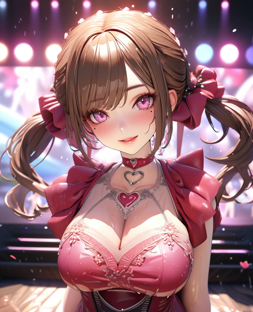 one girl, staring at the audience, beautiful pink eyes, brown hair in short twin tails, mole under eye, plump glossy lips, heart shaped choker, idol, her name is Mei, smiling, . . . 3D, realistic, idol's costume was drenched in heavy rain, her chest was wet and see-through, heavy rain at outdoor concert, draped clothes, jewelry and decorations removed, floral patterns, lace trim, glittering on stage, masterpiece, best quality, 8k, detailed skin texture, detailed fabric texture, beautifully detailed face, intricate details, highly detailed, ultra high resolution, 8k Ultra HD, film grain, best shadows, delicate, staring at the audience, front