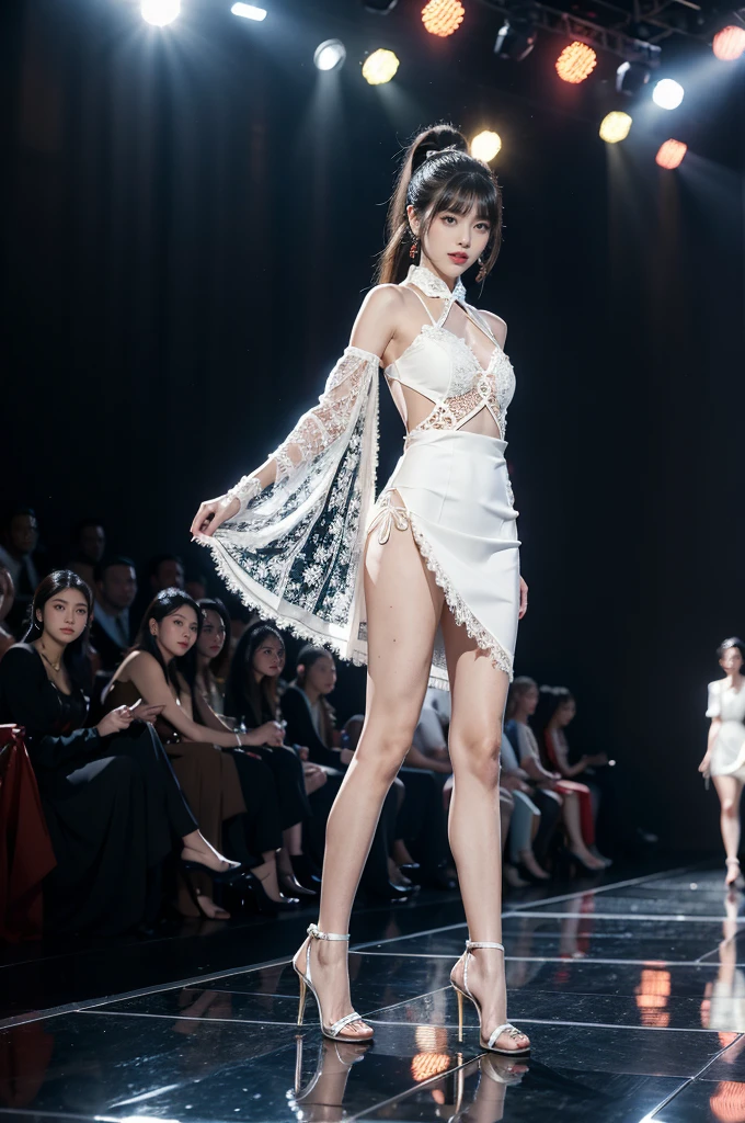 1girl,bangs,bare arms,collar,maxi white lace cheongsam,detailed background,detailed eyes,brown hair,earrings,full body,jewelry,slim,flat chest,ponytail,looking at viewer,makeup,night scene,red lips,signature,laughing,solo,standing,thighs,slender legs,high heels,On the T-stage,catwalk,fashion show,Surrounded by crowded crowds on both sides of the stage,neon lights