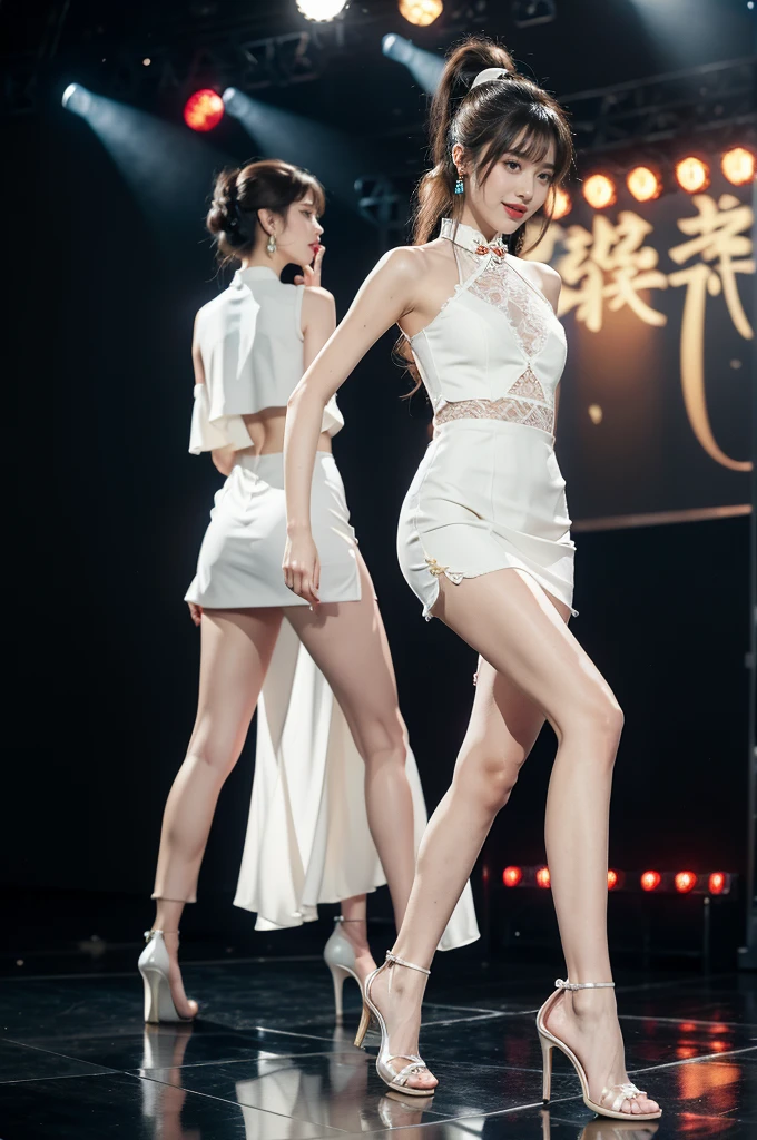 1girl,bangs,bare arms,collar,maxi white lace cheongsam,detailed background,detailed eyes,brown hair,earrings,full body,jewelry,slim,flat chest,ponytail,looking at viewer,makeup,night scene,red lips,signature,laughing,solo,standing,thighs,slender legs,high heels,On the T-stage,catwalk,fashion show,Surrounded by crowded crowds on both sides of the stage,neon lights