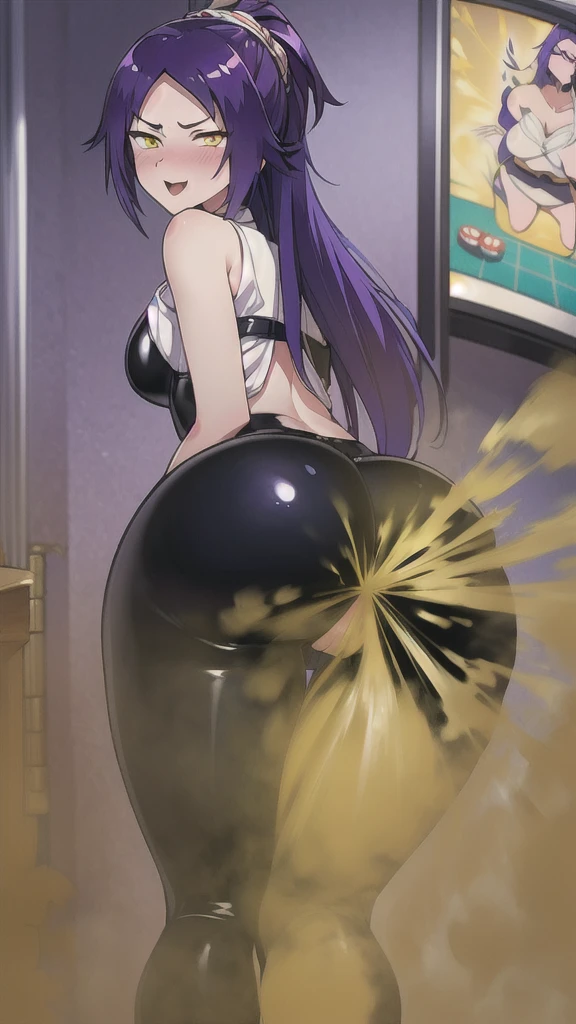 ((velocity)),Attacked by farts, (Mommy Hot Yoruichi Shihouin Bleach),(((Women farting))),(girl farting),velocity,)(a female),(purple hair),(yellow eyes),(her butt facing screen and bending over)),(wearing latex pants),(anime girl),(Casino),(orgasm, Ahegao, crossed eyes, she is happy and horny),(masterpiece:1.2、top-quality, best-quality)、(the Extremely Detailed CG Unity 8K Wallpapers、ultra-detailed、Best Shadows)、(Detailed background)、(The best lighting、extremely delicate and beautiful)、depth of fields、1girl in、solo、upward looking gaze、