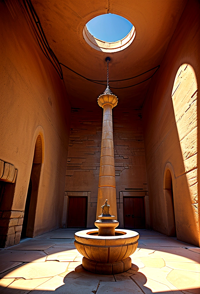 Create an RPG scene in a spacious, cylindrical underground chamber. The walls are extremely high and open up to a blue sky illuminated by the sun. The temperature is pleasant, and a gentle breeze blows through the large hole in the ceiling. Birds nest high up on the walls, and trees and shrubs grow in the crevices. On the wall opposite the entrance, there are nine interlocking rings, each adorned with repeating symbols in a random order. In the center of the chamber, three stone pillars stand with symbols engraved on them: a scale, intertwined hands, and a protected tower. Sunlight fills the chamber, casting soft shadows and creating a serene and mysterious atmosphere