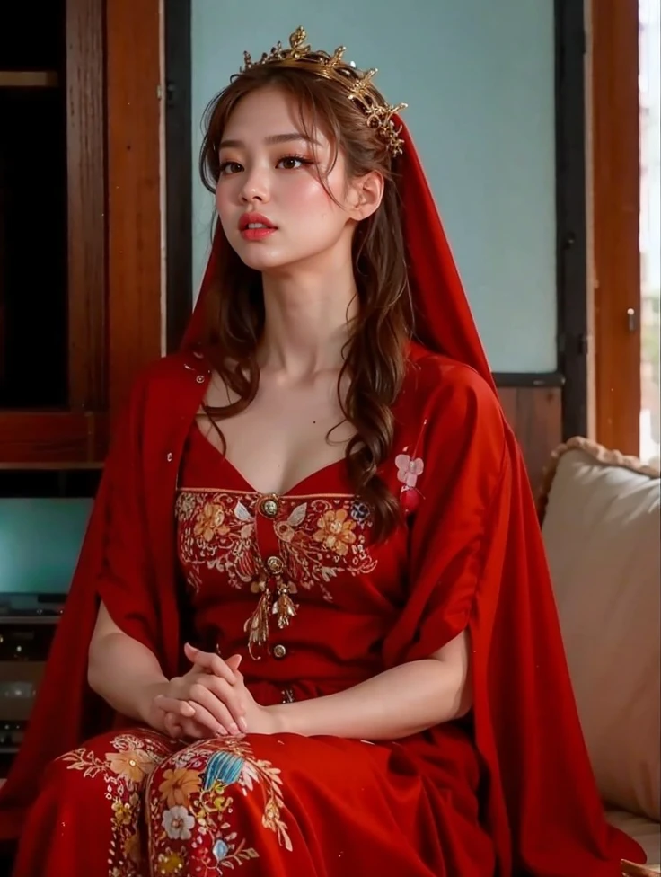 ((Highest quality)), ((masterpiece)), (detailed), (Perfect Face)、The woman is Ogiso Setsuna, with light brown, medium-long hair and is wearing a gorgeous, red, sexy, long-slit party Chinese dress with gold embroidery and trim.