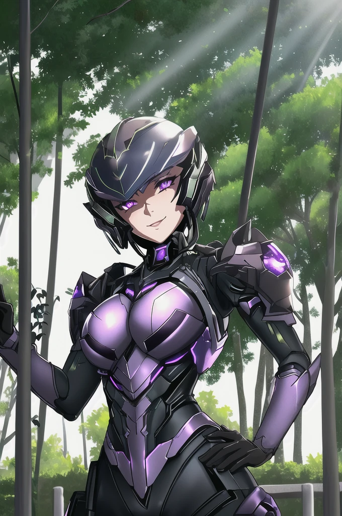 metallic workshop, plants, vegetation, weak lights and shadows, sunlit, tree canopy, - upper body, mech-girl, medium breasts, res short hair, violet eyes, evil smiling, looking viewer, standing stylish, hand on hips